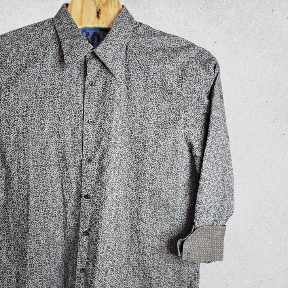 Robert Graham Mens 2XL Grey Blue Geometric Medallion Cotton Silk Trim Shirt